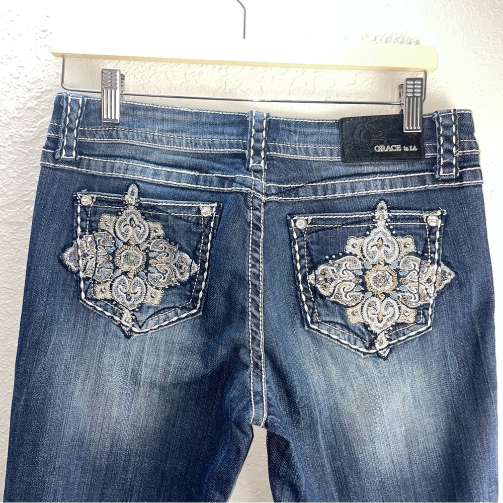 Grace in LA Women's Western Whiskering Embroidered fading Bootcut Jeans - Picture 9 of 10